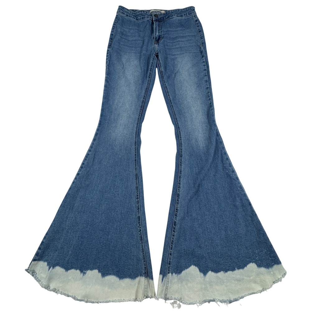 Y2K Rock & Roll Denim Bargain Button Bell Flare Jeans Dip Dye 29x36 Boho Whimsy